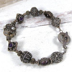 Sterling Silver Bali Scroll Filigree Bead Ball Etruscan Pearl Garnet Bracelet